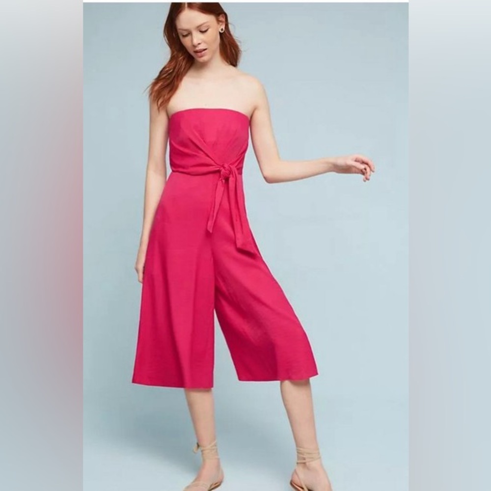 Anthropologie Maeve Brin Strapless Wide Crop Leg Jumpsuit in Rose Pink